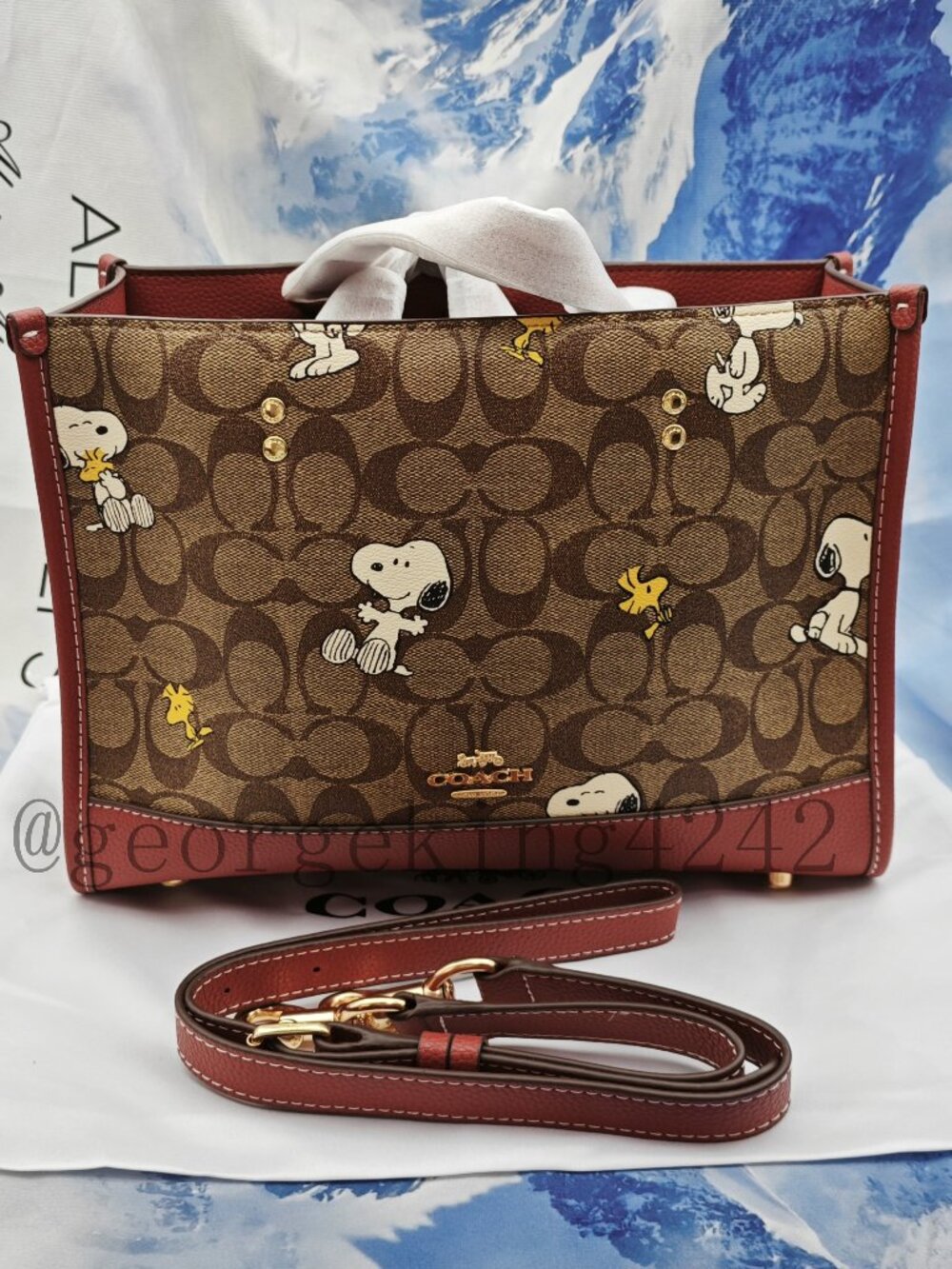 Coach Brown Signature Snoopy & Woodstock Tote with Red Trim